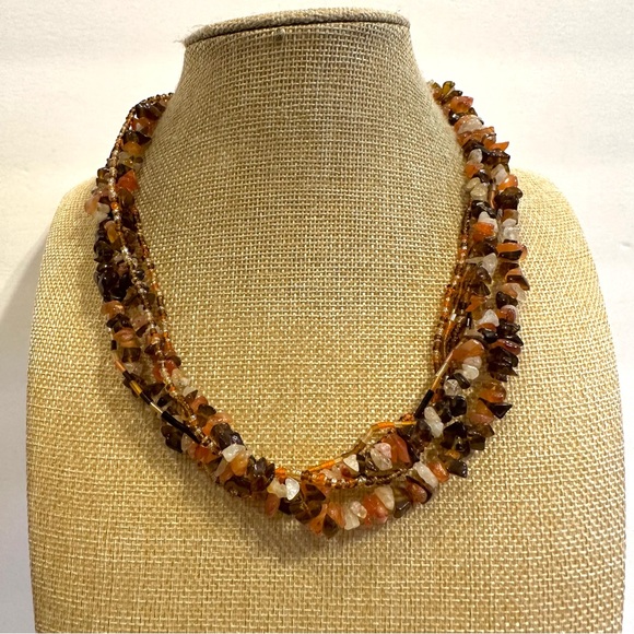 Multi-color Genuine Gemstone & Glass Bead Necklace multistrand, quartz carnelian - Picture 3 of 11